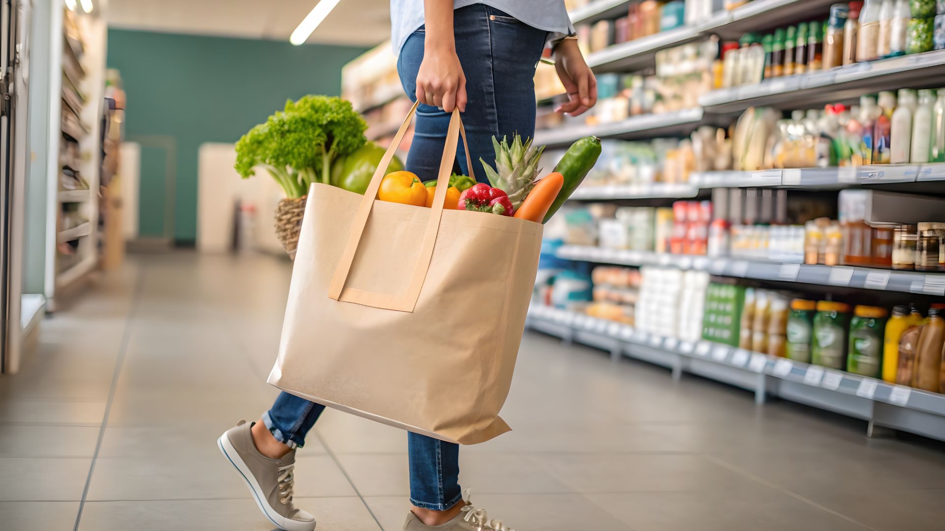 Person carrying a reusable bag filled with fresh vegetables and fruits while grocery shopping in a supermarket, highlighting healthy and affordable grocery shopping choices.