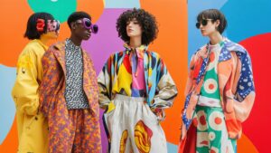 Models wearing bold, futuristic outfits in vibrant patterns and colors, showcasing the creative influence of AI in fashion trends and the evolution of digital-inspired style.