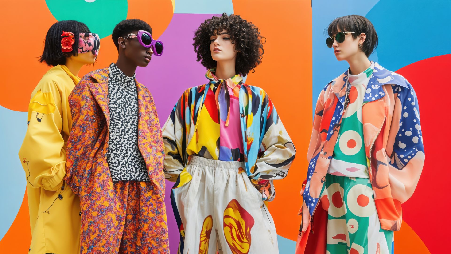 Models wearing bold, futuristic outfits in vibrant patterns and colors, showcasing the creative influence of AI in fashion trends and the evolution of digital-inspired style.