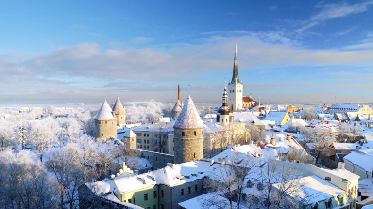 A snowy panoramic view of a historic European city with medieval towers, churches, and frost-covered rooftops, showcasing the charm of European Cities to Visit in Winter.
