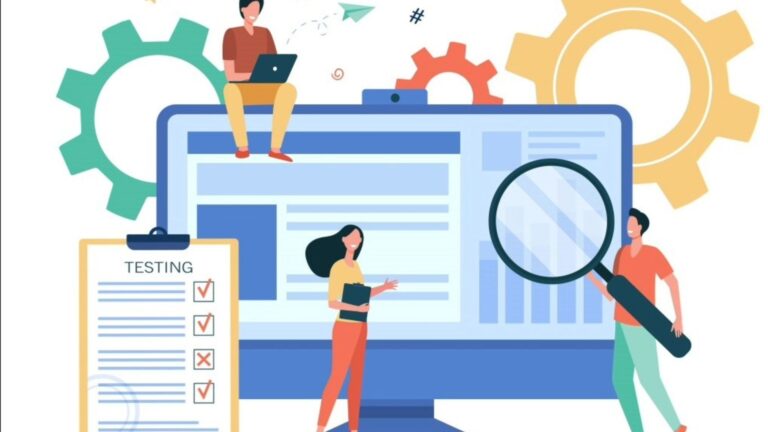 Illustration of people analyzing data on a large computer screen with testing checklists and magnifying glass, representing the study of Google Search Trends and digital insights.