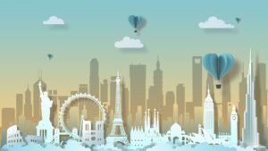 A creative skyline illustration featuring iconic global landmarks and hot air balloons, representing the world’s best cities to visit.