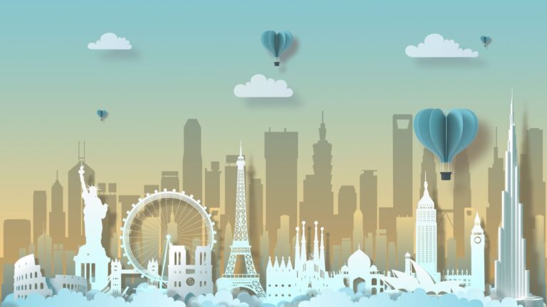 A creative skyline illustration featuring iconic global landmarks and hot air balloons, representing the world’s best cities to visit.