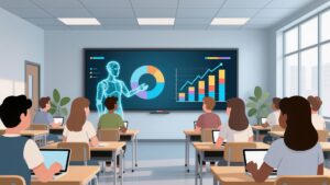 A classroom scene with students learning from a digital AI hologram displaying charts and analytics, symbolizing AI-powered marketing trends and data-driven insights.