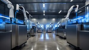 AI Automation for Small Business showing robotic arms automating tasks inside a modern smart factory in 2026