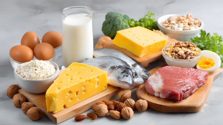 Protein intake for beginners explained with common protein sources like eggs, fish, meat, dairy, nuts, and grains