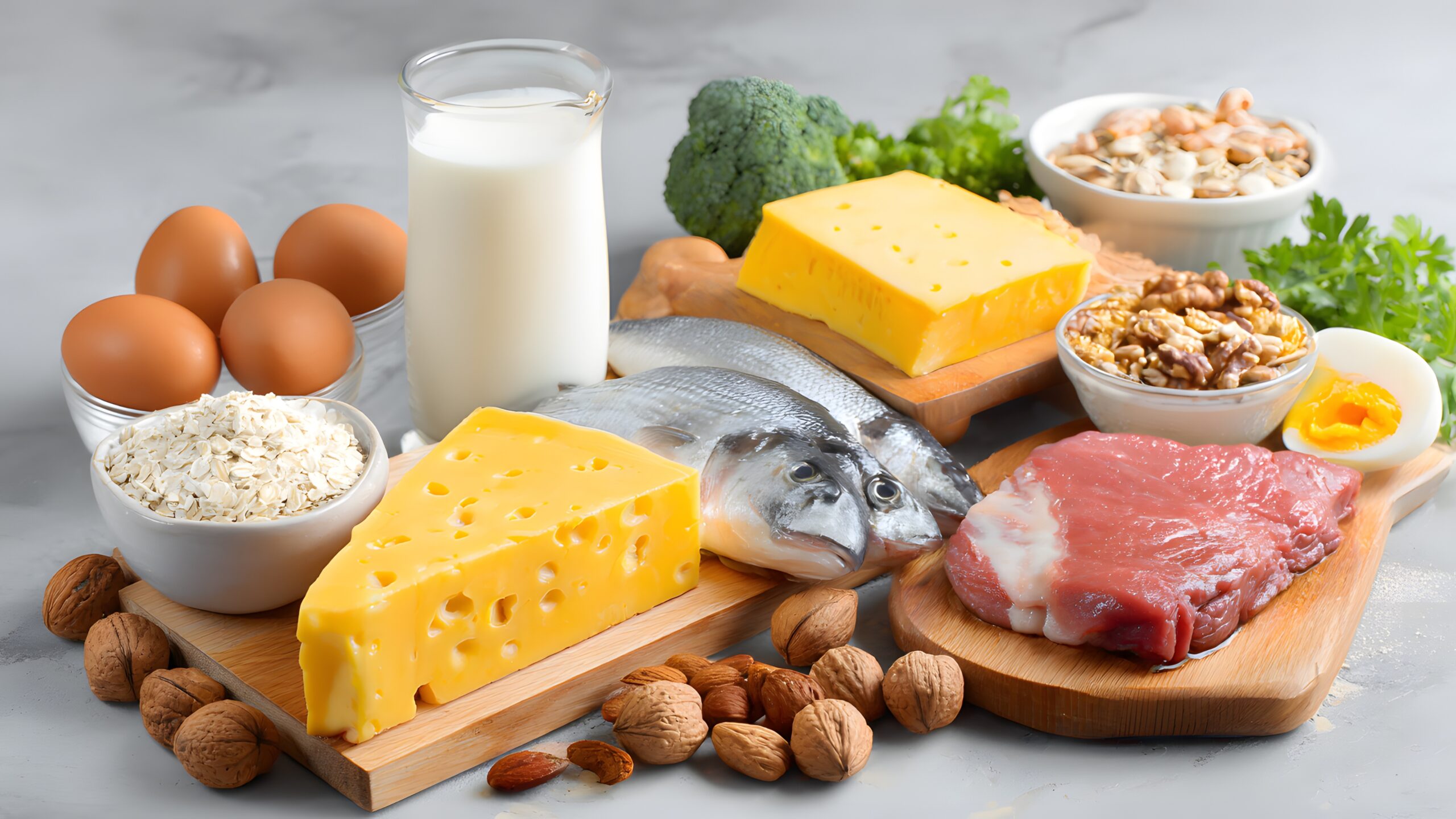 Protein intake for beginners explained with common protein sources like eggs, fish, meat, dairy, nuts, and grains