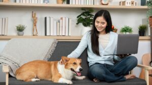 A woman working on a laptop from her living room while relaxing on a sofa with her dog, surrounded by plants and shelves—illustrating Pet-Friendly Home Design that balances comfortable work-from-home spaces with safe, cozy living areas for pets.
