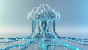 A futuristic human figure connected to a glowing digital cloud by flowing data lines, symbolizing Generative AI for Creatives: Tools Like Midjourney and ChatGPT for Designers and how artificial intelligence powers modern creative workflows and design innovation.