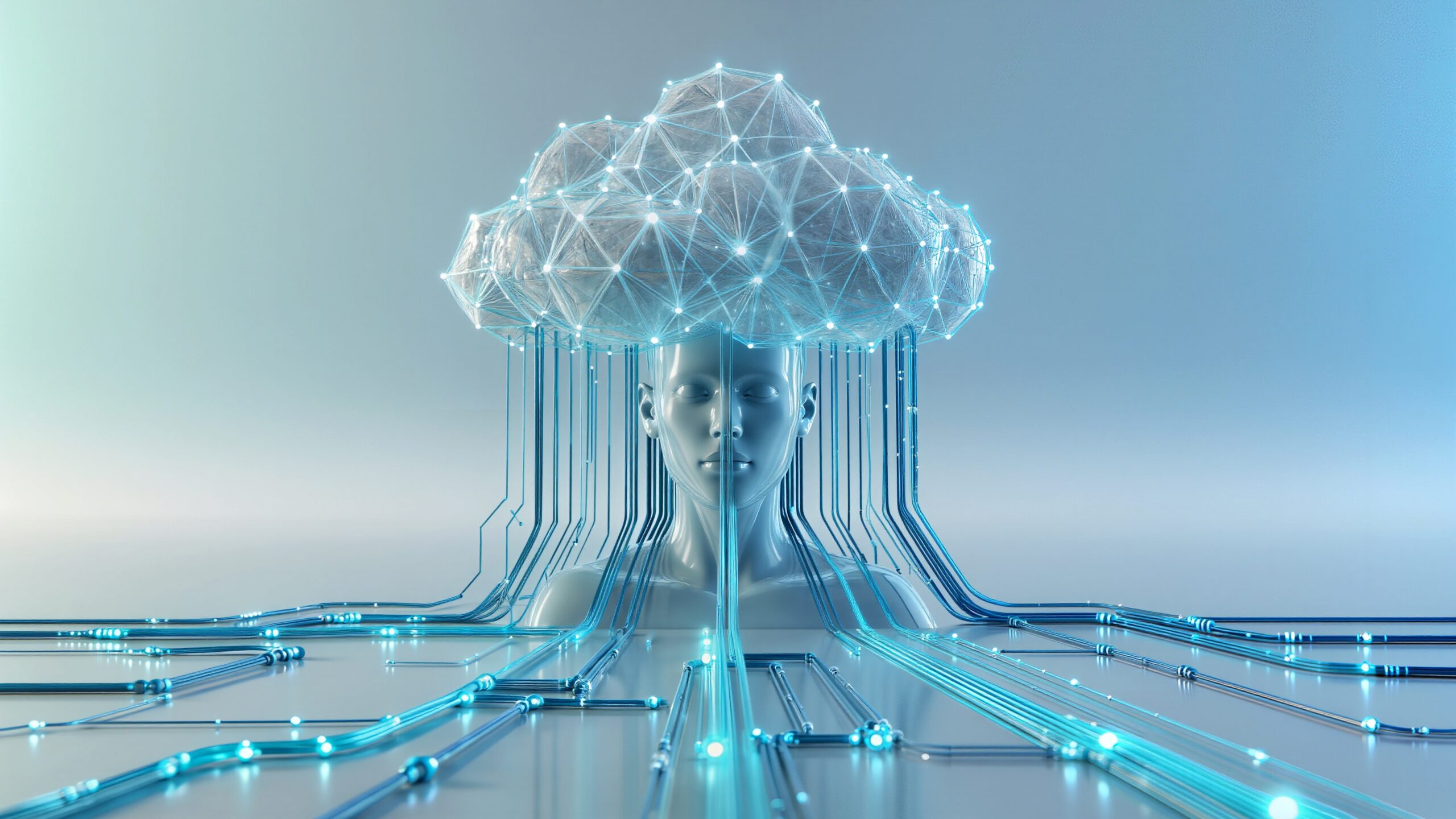 A futuristic human figure connected to a glowing digital cloud by flowing data lines, symbolizing Generative AI for Creatives: Tools Like Midjourney and ChatGPT for Designers and how artificial intelligence powers modern creative workflows and design innovation.