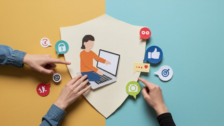 Social Media Marketing illustration showing content creation, likes, comments, and engagement icons around a laptop user