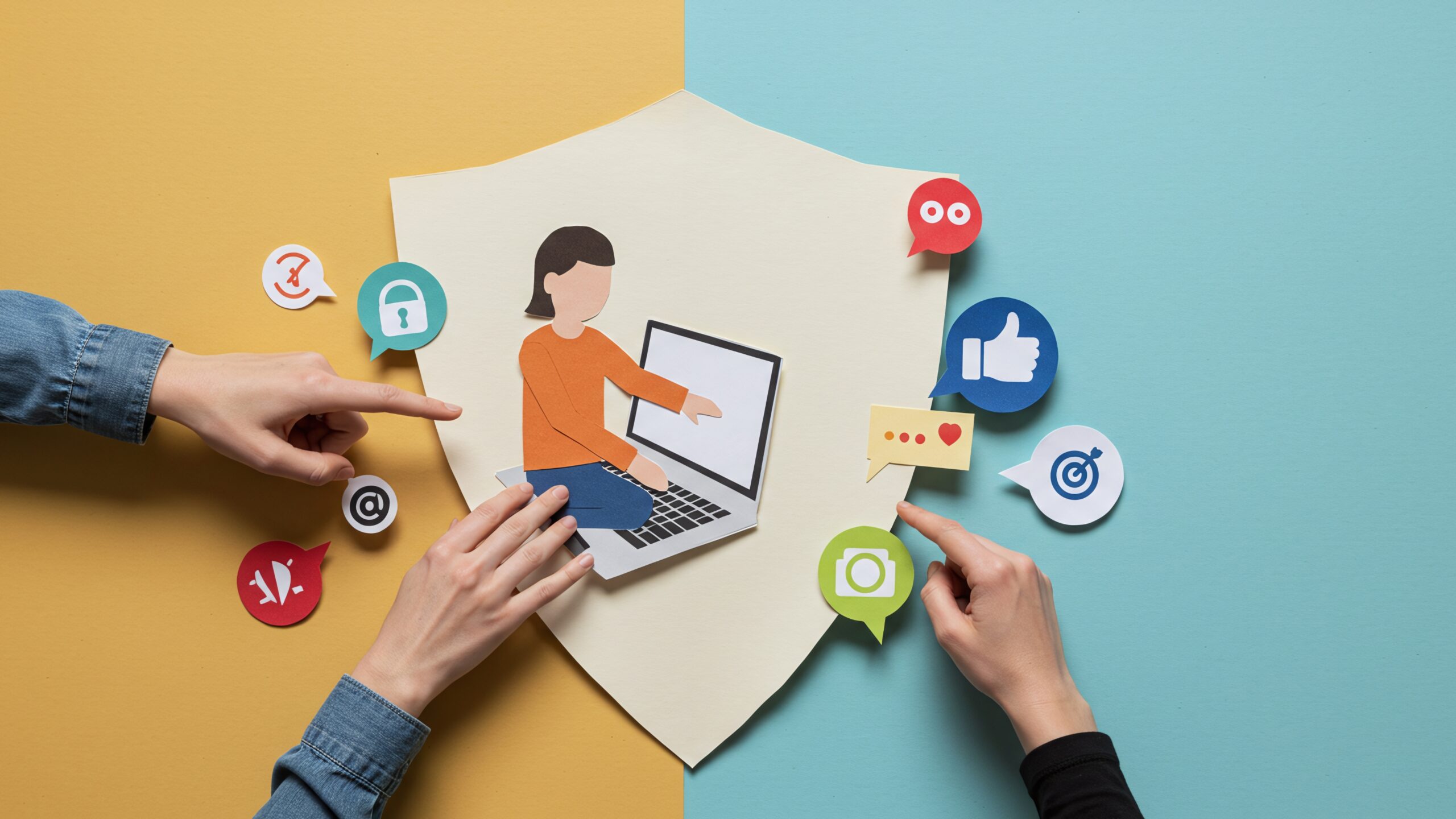 Social Media Marketing illustration showing content creation, likes, comments, and engagement icons around a laptop user