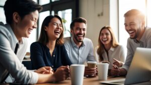 How to Balance Work, Health, and Personal Life with supportive coworkers sharing coffee and laughter at the workplace