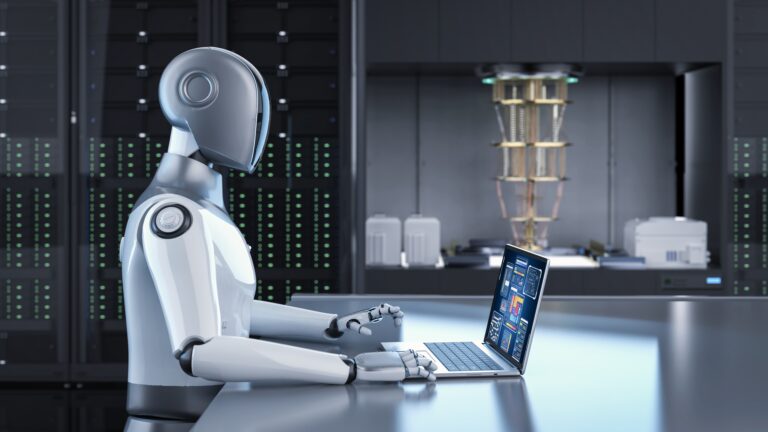 Machine Learning robot analyzing data on a laptop inside a high-tech server room