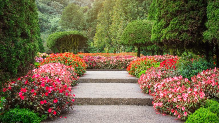 Easy garden ideas for small homes featuring a compact pathway surrounded by colorful flower beds