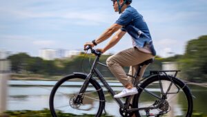 Man riding a bicycle during a scenic bike trip along a lakeside path