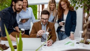 Team brainstorming innovative projects while discussing important skills to learn for the future