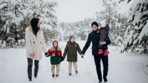 Family enjoying a snowy outdoor walk together during a Christmas Vacation