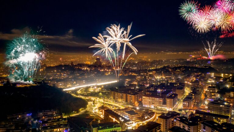 Fireworks lighting up a city skyline at night, showcasing popular places to celebrate New Year