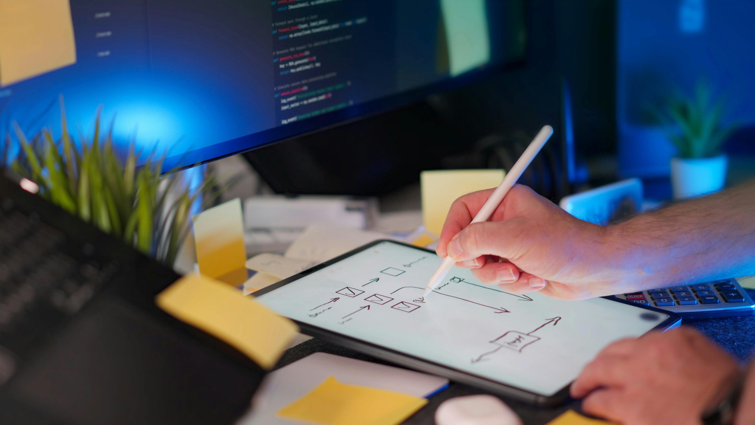 The Role of Open-Source Software in Modern App Development shown through a developer sketching app architecture on a tablet with code displayed on a desktop monitor.