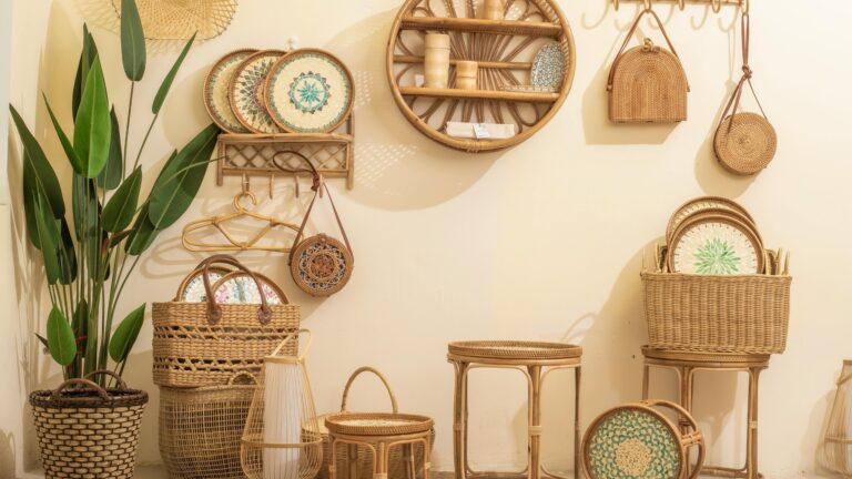 Travel-Inspired Home Decor: Bringing Wanderlust Vibes into Your Living Space with woven baskets, rattan furniture, wall art, and indoor plants inspired by global aesthetics.