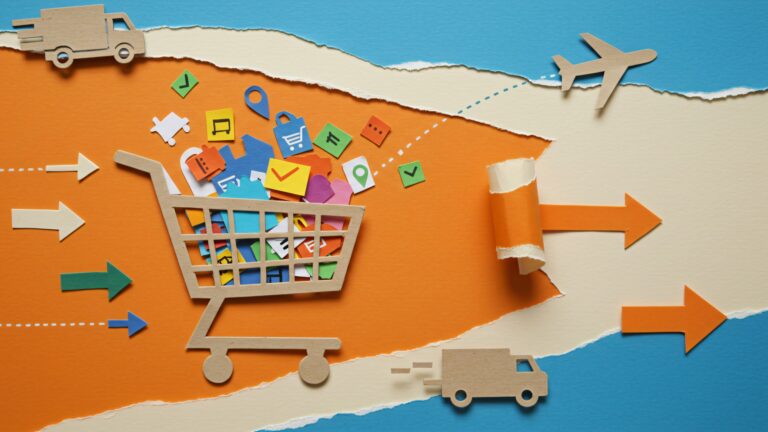 E-Commerce Trends: From Dropshipping to Personalized Shopping illustrated with a creative shopping cart, digital icons, delivery arrows, and global shipping elements