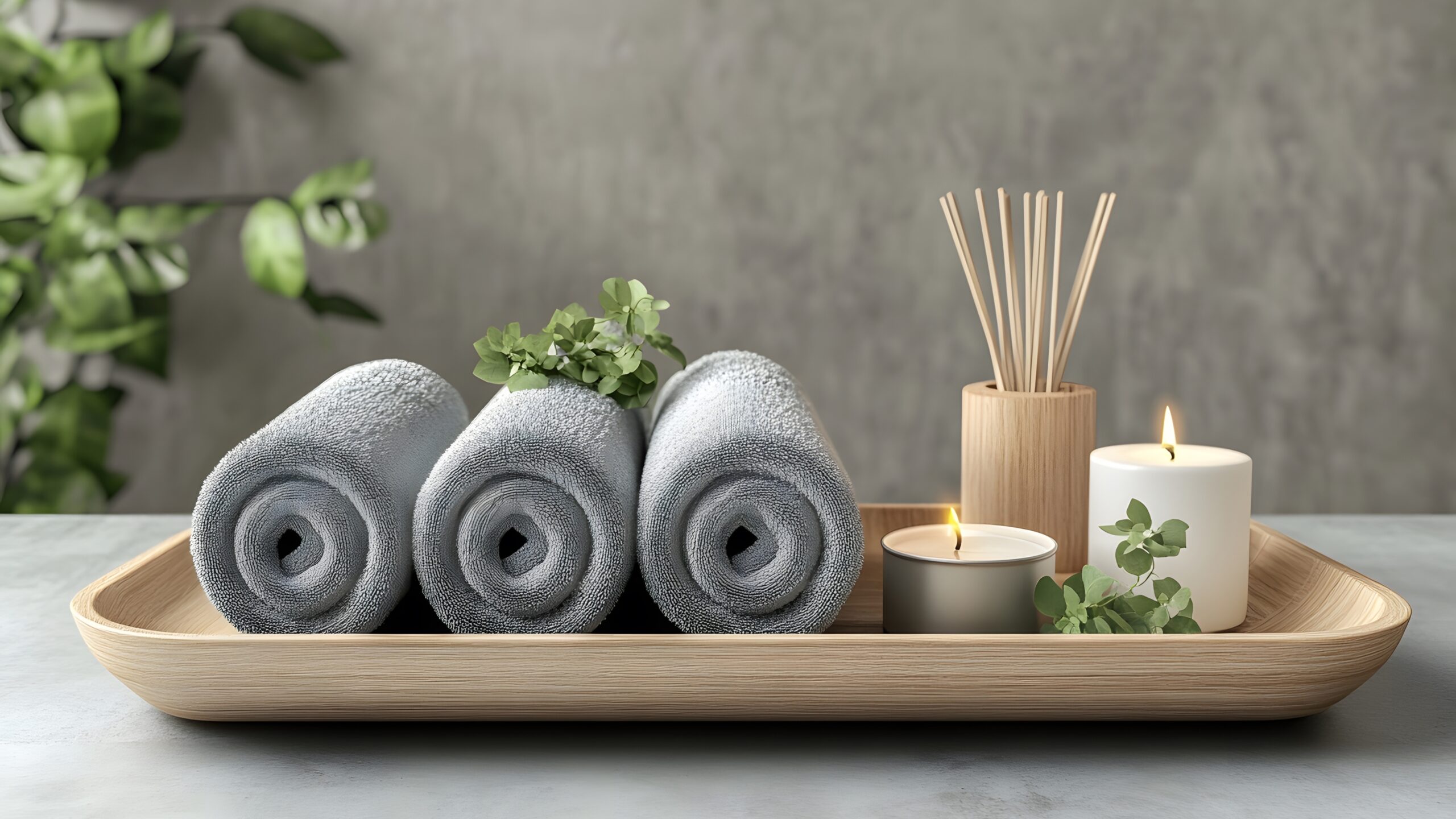 Home Spa Days: DIY Treatments with Kitchen Ingredients featuring rolled gray towels, lit candles, a reed diffuser, and fresh greenery arranged on a wooden tray for a calming at-home spa setup.