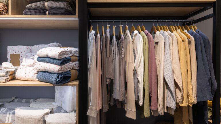 Modern wardrobe with neatly organized clothes, folded linens on shelves, and neutral-toned shirts and jackets hanging on wooden hangers in a minimalist closet setup.