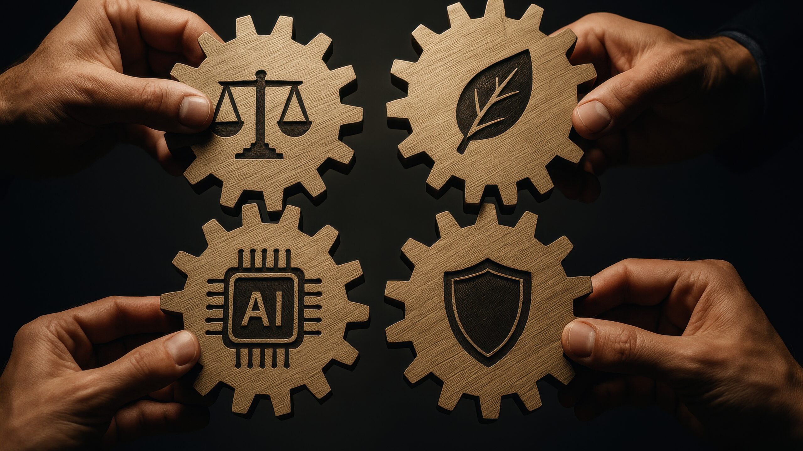 AI Cost Management: Strategies for Scaling Without Breaking the Bank illustrated with wooden gears showing AI, security, ethics, and sustainability