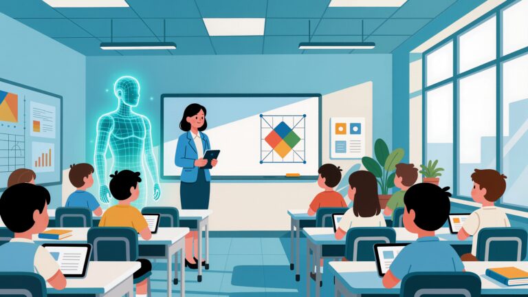 AI Literacy in Classrooms: Teaching Ethics and Skills from Early Ages shown through a teacher guiding students with an AI hologram in a modern classroom