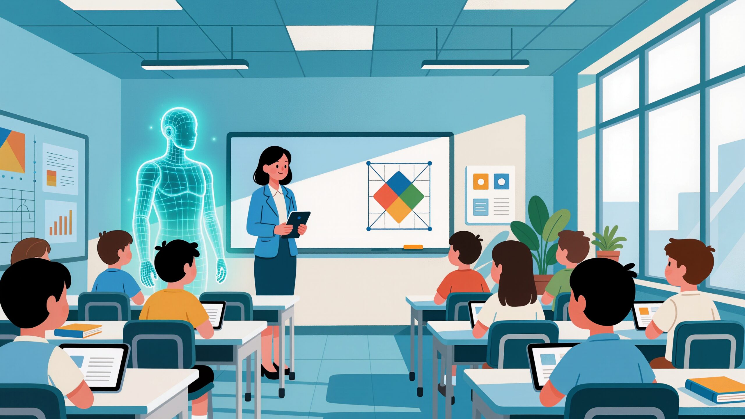 AI Literacy in Classrooms: Teaching Ethics and Skills from Early Ages shown through a teacher guiding students with an AI hologram in a modern classroom