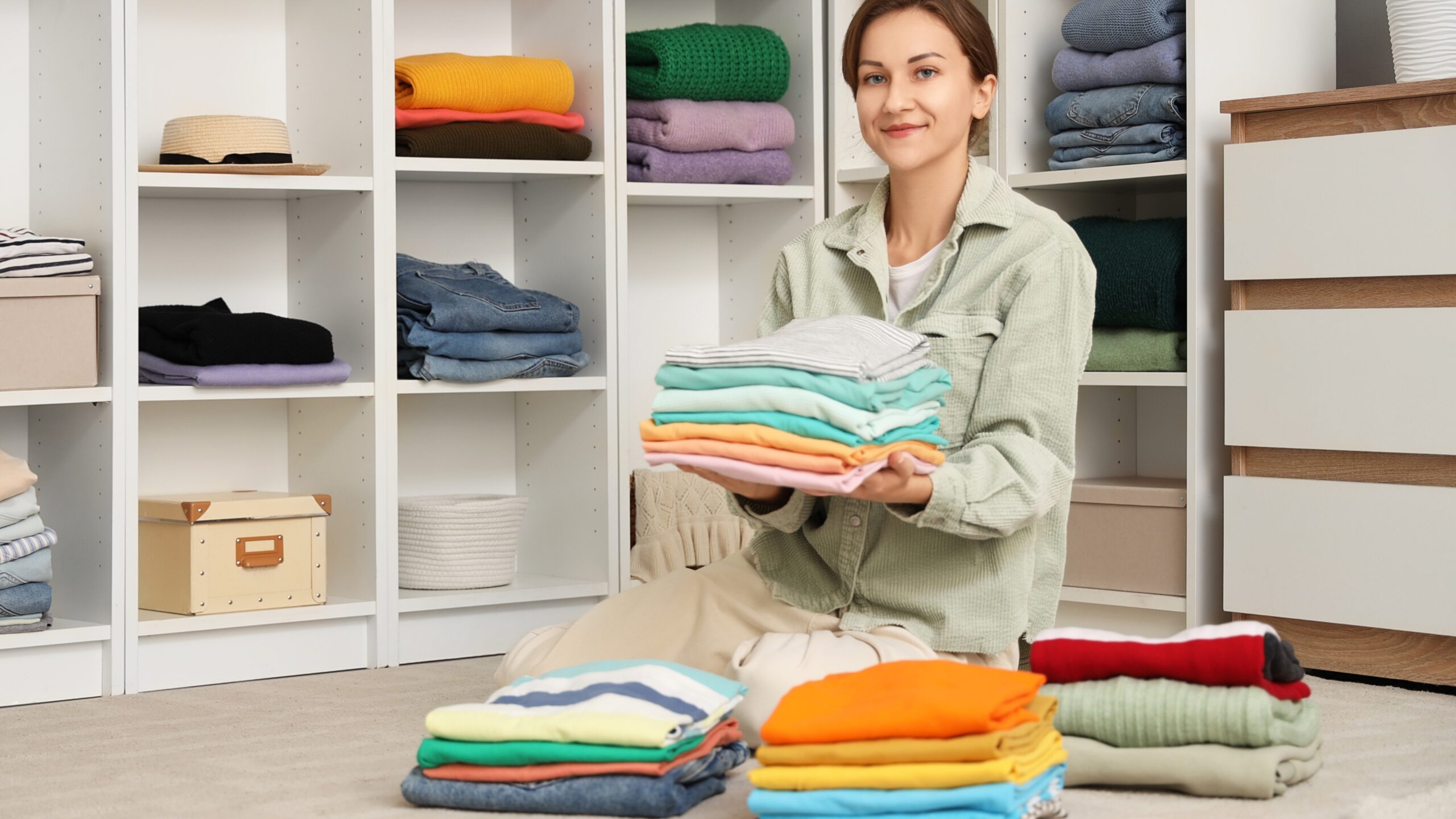 Woman organizing folded clothes that represent wardrobe staples for any season in a minimalist closet