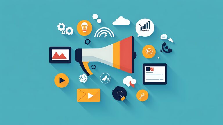 Email Marketing concept illustration showing a megaphone, emails, analytics charts, and digital communication icons