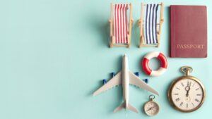 Quick International Getaways: 1-2 Day Trips for Busy Travelers concept with airplane, passport, travel clock, and beach chairs on a minimalist background