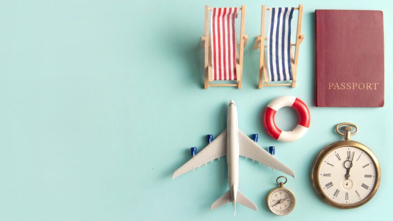 Quick International Getaways: 1-2 Day Trips for Busy Travelers concept with airplane, passport, travel clock, and beach chairs on a minimalist background