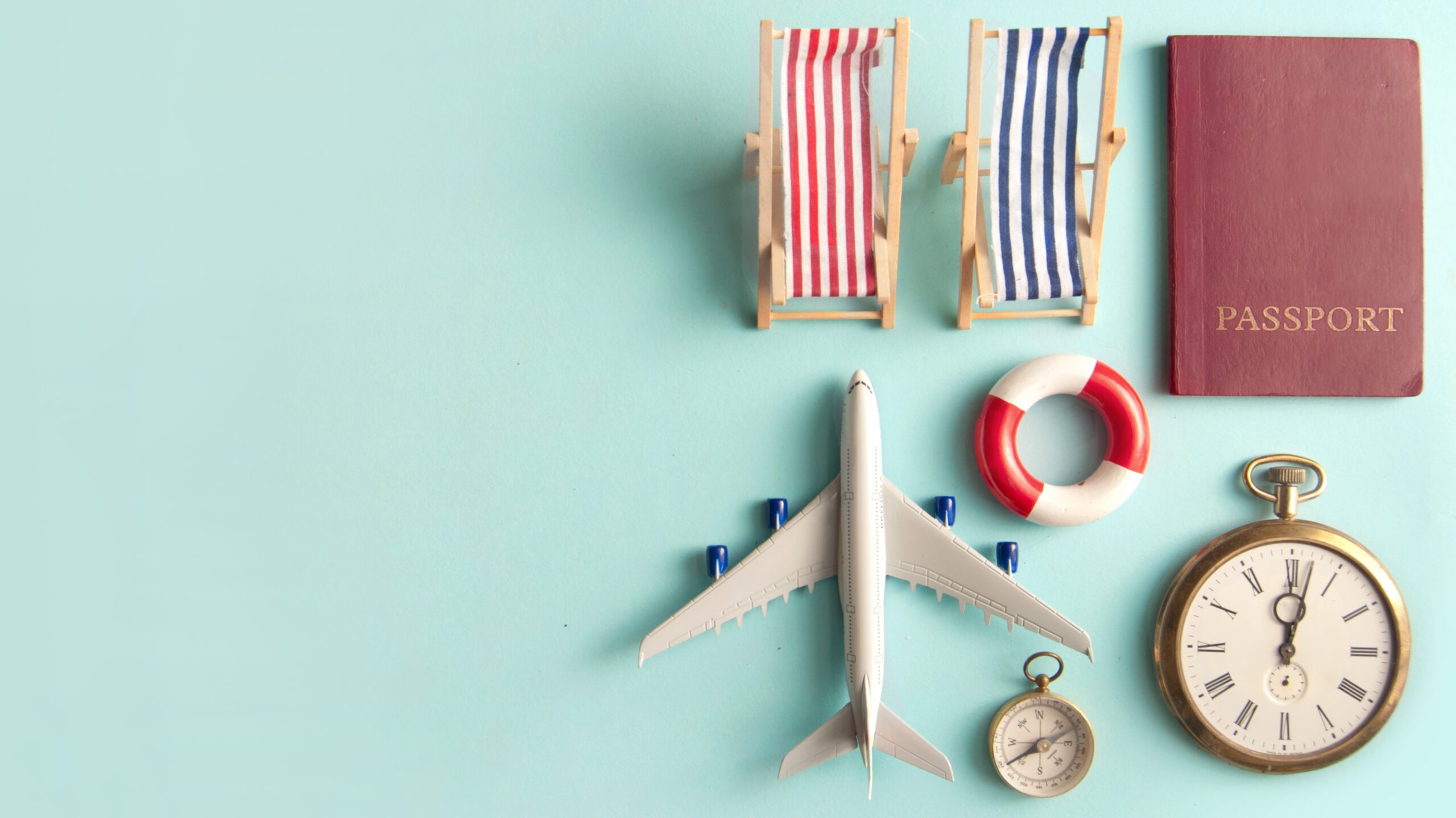 Quick International Getaways: 1-2 Day Trips for Busy Travelers concept with airplane, passport, travel clock, and beach chairs on a minimalist background