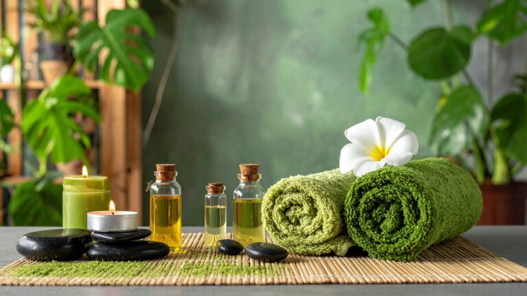 Glowcations: Beauty and Wellness Trips for That Post-Vacation Radiance with spa essentials, essential oils, candles, and fresh towels
