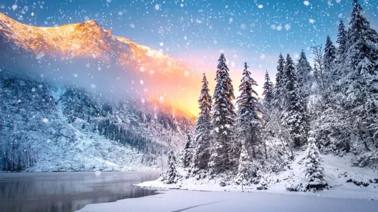 Cozy Winter Cabin Getaways in the US Rockies and Canada, featuring snowy pine forests, frozen lakes, and mountain views at sunrise