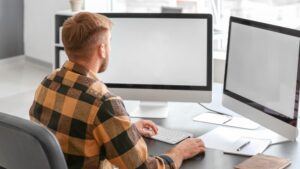 Budget Monitors for Remote Work and Casual Gaming setup showing a person working at a desk with dual monitors in a modern home office.