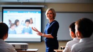 Portable Projectors for Movie Nights and Presentations shown with a teacher using a projector to present content to students in a modern classroom.