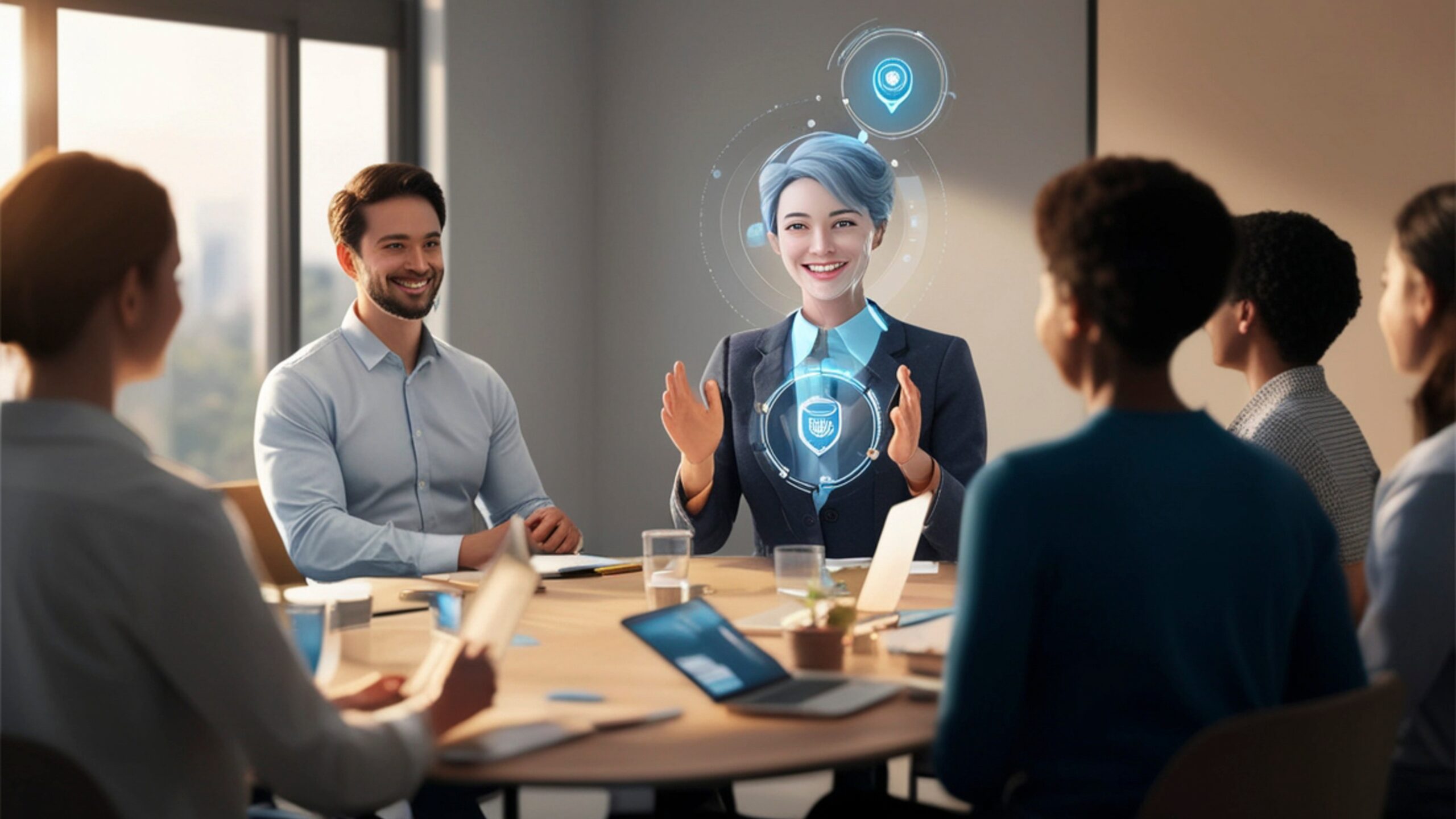 Team meeting with a digital assistant concept illustrating when to hire a virtual assistant (and what to outsource first) for business growth