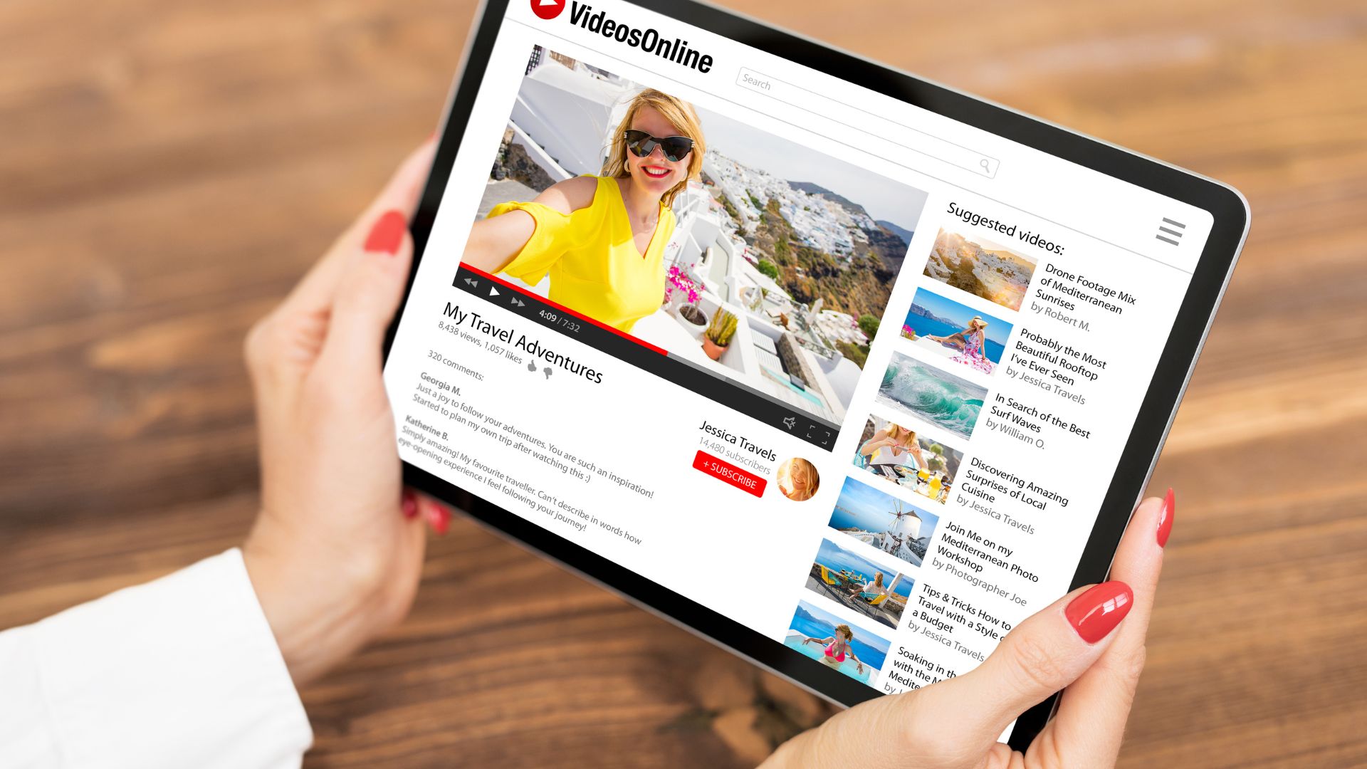 Content Repurposing: Turn One YouTube Video into Multiple Posts using a tablet displaying a travel video with suggested clips and social media content ideas.
