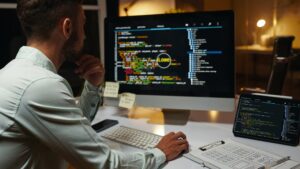 Python Programming for Beginners: Free Projects to Build a Portfolio – beginner developer writing Python code on desktop and laptop at a modern workspace