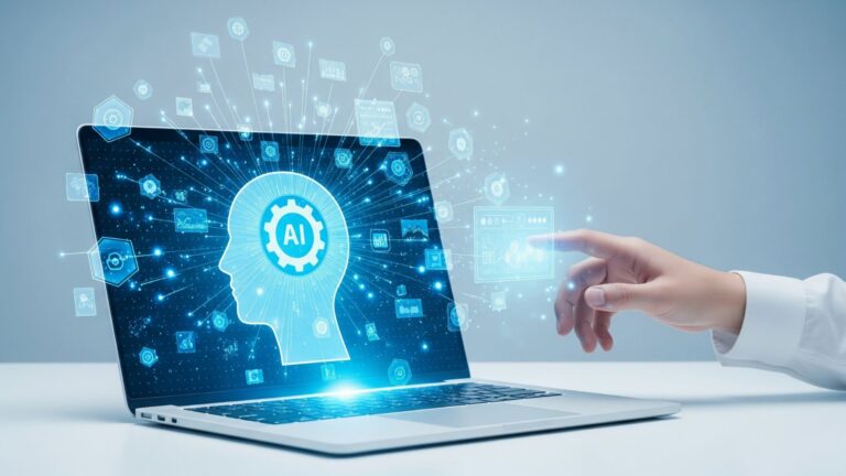 Agentic AI Agents: How Autonomous Systems Are Reshaping Workflows in 2026 — illustration of a laptop displaying an AI-powered digital head with connected data icons, as a human hand interacts with the interface, representing intelligent automation and next-gen workflow systems.