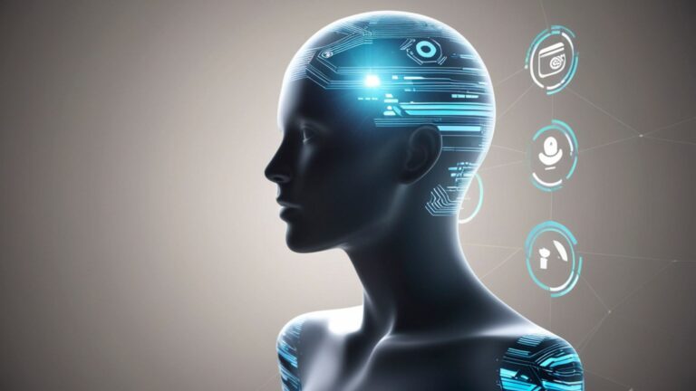 Futuristic AI-powered digital human head with circuit patterns and interface icons, representing 7 Best AI Tools for Productivity: Features, Pricing, and Real Results.