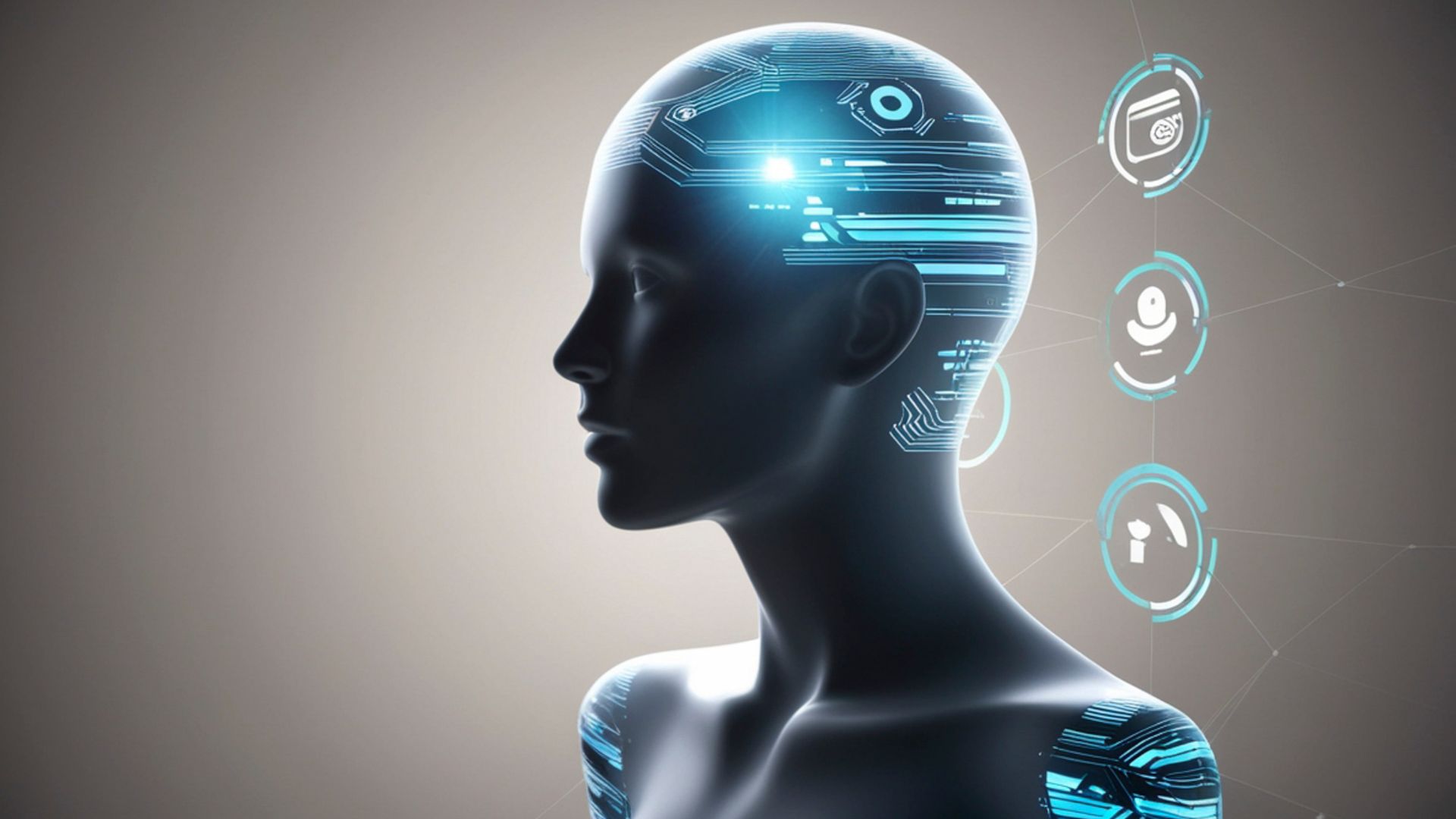 Futuristic AI-powered digital human head with circuit patterns and interface icons, representing 7 Best AI Tools for Productivity: Features, Pricing, and Real Results.