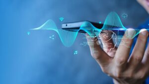 AI voice assistant generating sound waves from smartphone, representing realistic voice technology for reels and TikTok content creation in 2026