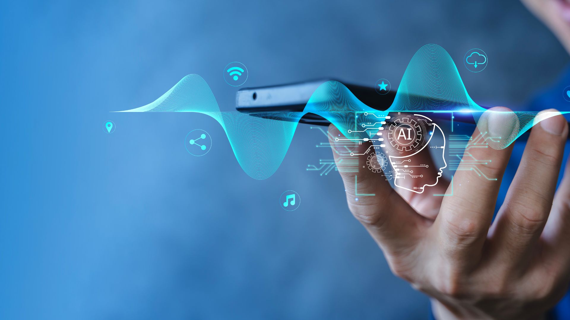 AI voice assistant generating sound waves from smartphone, representing realistic voice technology for reels and TikTok content creation in 2026